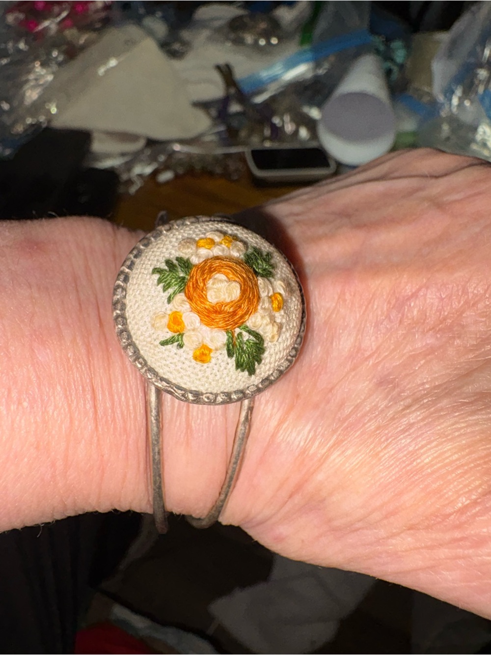 Hand-Embroidered Orange Floral Cuff Bracelet - Women Jewelry 6 1/2 inches